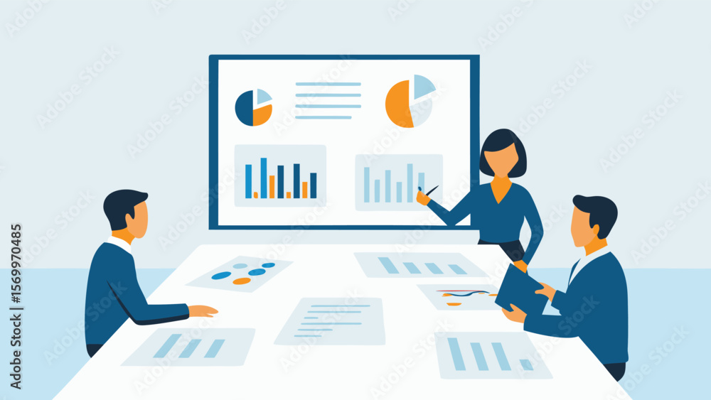 Business presentation with charts and graphs being shown to a group of people in a meeting room Business presentation with charts and graphs being shown to a group of people in a meeting room