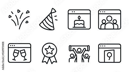 Team Celebration Icons. Outline vector icons of team celebrations online: confetti icon, celebration hat,
