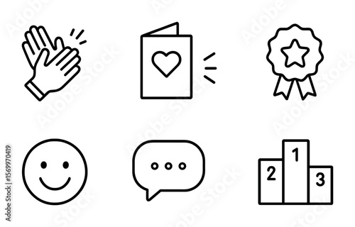Recognition Icons Set. Outline vector icons of recognition and morale boosts: applause hand, thank-you card,