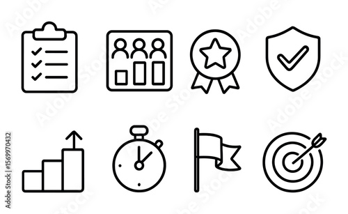 Team Challenge Icons. Outline vector icons of online team challenges: daily task, leaderboard icon, reward