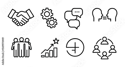 Remote Team Icons. Outline vector icons of remote team synergy: handshake icon, synced gears, trust badge,