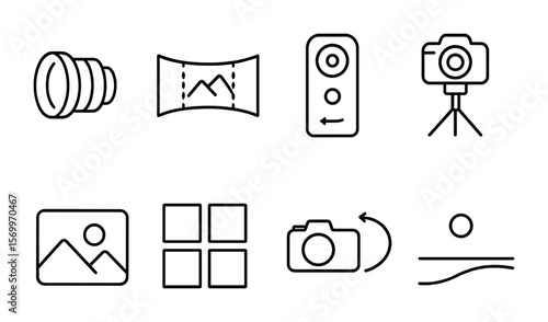 Panoramic Photography Icons. Outline vector icons of panoramic photography: wide-angle lens, stitched image,
