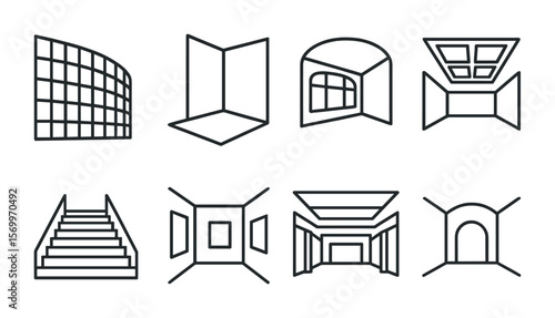 Modern Architectural Icons. Outline vector icons of architectural panoramas: building curve, room corner,