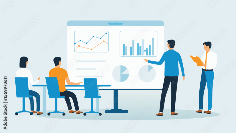 Presentation of charts and graphs by a man in a blue shirt to colleagues in a meeting room setting Presentation of charts and graphs by a man in a blue shirt to colleagues in a meeting room setting