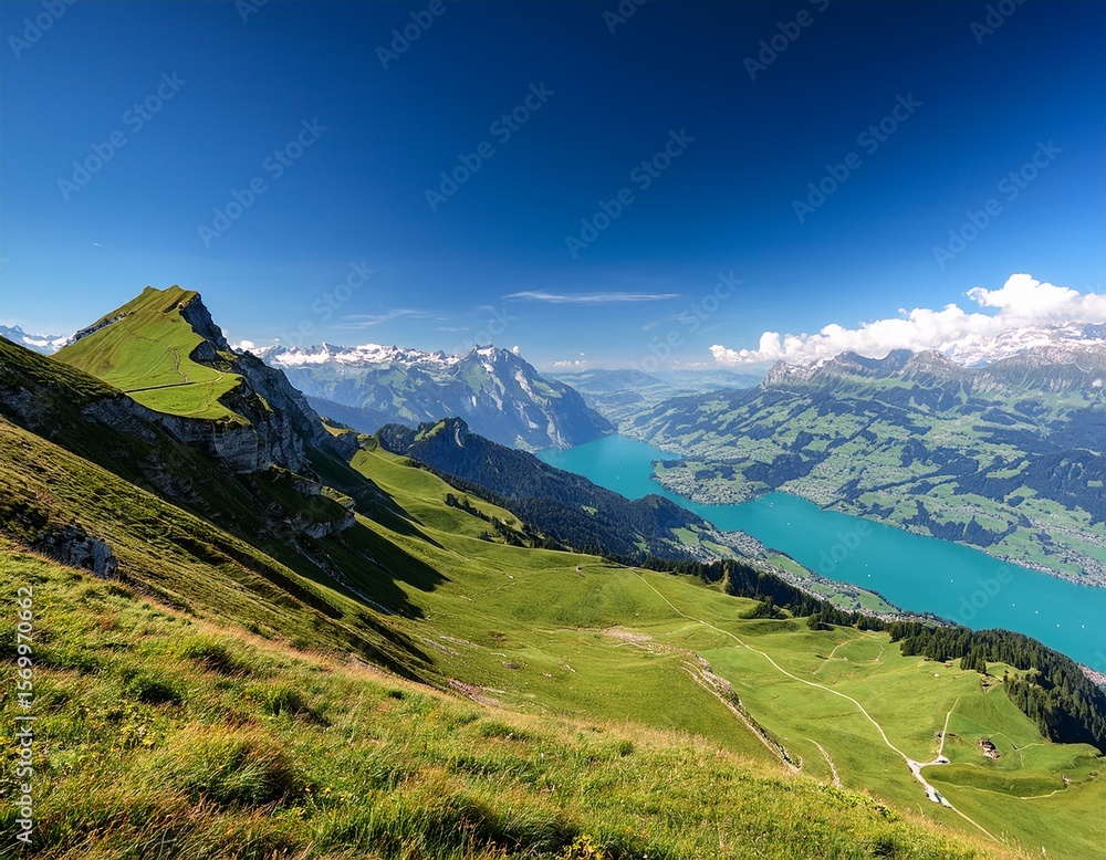 Obraz premium scenic view from the schynige platte panoramic ridge walking trail hike with lake brienz in switzerland in the bernese highlands green meadows and swiss mountains on a sunny day
