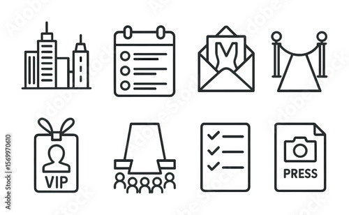 Fashion Week Icons. Outline vector icons of fashion week setup: city skyline, event schedule, invitation card,