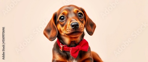 Adorable brown miniature dachshund puppy wearing a collar and red bow tie, bow, puppy