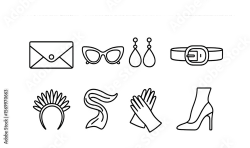 Fashion Accessory Icons. Outline vector icons of accessories on the runway: clutch bag, sunglasses icon,