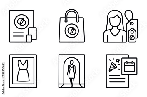 Fashion Branding Icons. Outline vector icons of fashion branding and promotion: brand identity, logo bag,