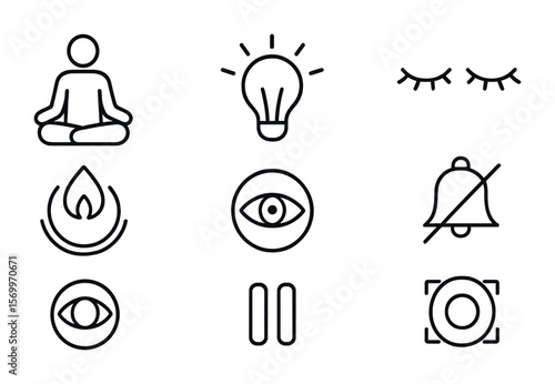 Mindfulness Icon Set. Outline vector icons of mindfulness and stillness: meditating person, soft light, closed
