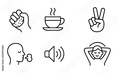 Stress Relief Icons. Outline vector icons of stress relief techniques: stress ball, calming tea, slow breath,