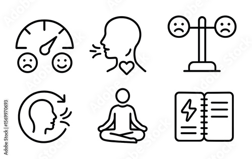 Emotional Regulation Icons. Outline vector icons of emotional regulation through breathing: mood dial,