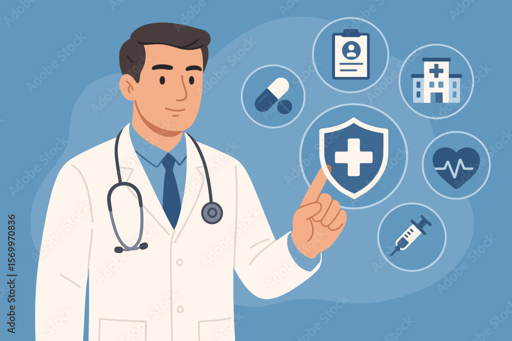 Medical doctor with stethoscope interacting with virtual health insurance icons, hospital, medication, heart rate, syringe, clipboard. Modern healthcare technology vector illustration Medical doctor with stethoscope interacting with virtual health insurance icons, hospital, medication, heart rate, syringe, clipboard. Modern healthcare technology vector illustration