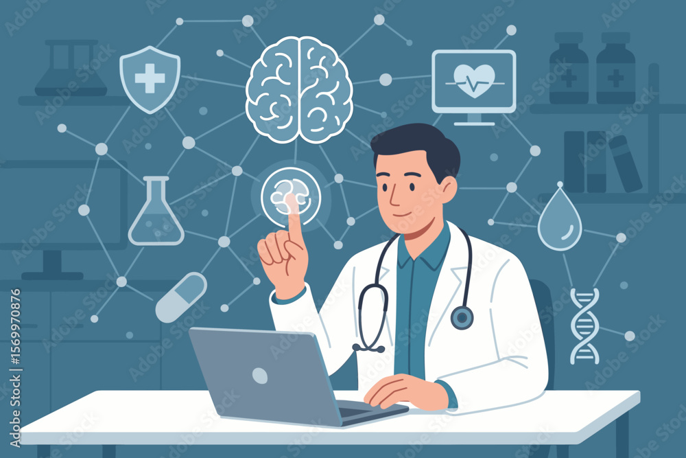 Doctor using laptop and digital brain interface, medical network connections, healthcare technology, neurology, laboratory, stethoscope, flat vector illustration Doctor using laptop and digital brain interface, medical network connections, healthcare technology, neurology, laboratory, stethoscope, flat vector illustration