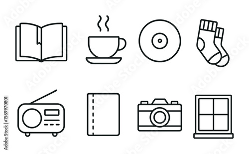 Nostalgic Leisure Icons. Outline vector icons of nostalgic leisure moments: journal book, warm tea, vinyl