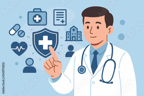 Medical doctor with stethoscope interacting with virtual health insurance icons, healthcare protection, hospital, medication, digital medical interface, flat vector illustration