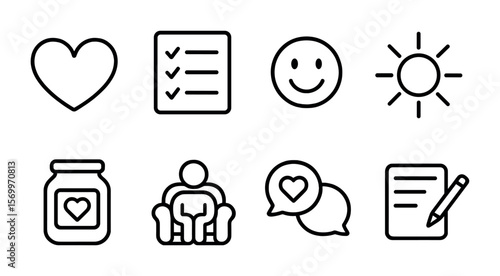 Gratitude Icons Set. Outline vector icons of gratitude journaling: heart icon, thankful list, smiling face,