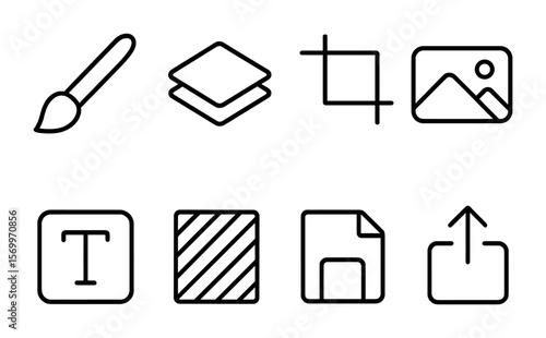 Digital Scrapbooking Icons. Outline vector icons of digital scrapbooking tools: digital brush, layer icon,