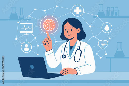 Female doctor neurologist using laptop and virtual brain interface, medical network connection, healthcare technology, digital diagnostics, laboratory flat vector illustration