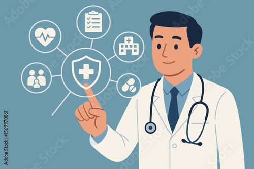 Doctor with stethoscope interacting with digital health insurance icons, medical care, hospital, medication, family health, checklist, virtual healthcare technology concept