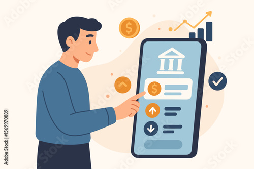 Mobile banking concept. Man using online banking app on smartphone. Digital finance, investment, money transfer, payment, fintech, secure transaction, flat vector illustration
