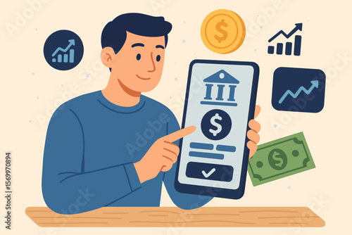 Online Banking Mobile App Concept. Man Using Smartphone for Digital Finance, Investment, Money Transfer, Payment, Financial Management, Banking Technology, Flat Vector Illustration