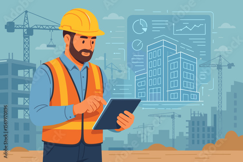 Construction engineer using digital tablet at building site. Modern industrial technology, smart construction management, digital planning, innovation, architecture, engineering tools