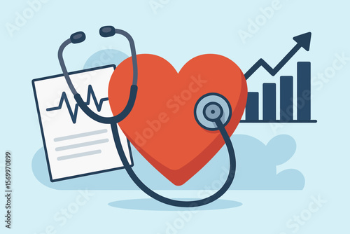 Heart Health Care Concept with Stethoscope, ECG Report, Medical Data Growth Chart, Cardiologist Diagnosis, Medicine Investment, Healthcare Business Success, Modern Illustration