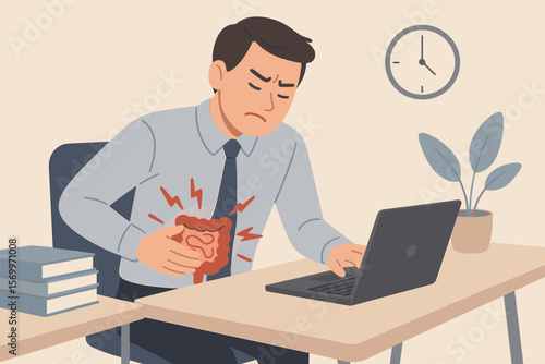 Office worker suffering stomach pain, abdominal cramps, gastrointestinal disease, stress at work, digestive health problem, workplace discomfort, healthcare and insurance concept