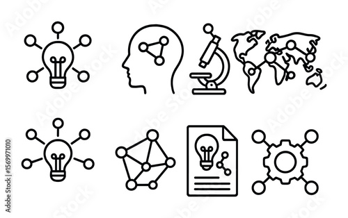 Innovation Network Icons. Outline vector icons of innovation networks: lightbulb hub, think tank, research