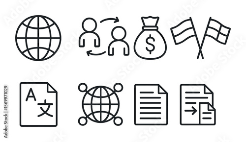 International Research Icons. Outline vector icons of international research efforts: globe icon, cultural