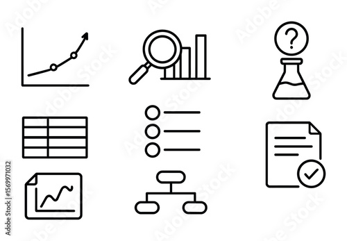 Data Analysis Icons. Outline vector icons of data analysis in research: graph chart, statistics tool,