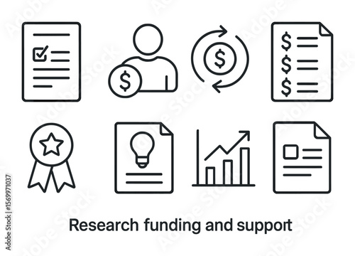 Research Funding Icons. Outline vector icons of research funding and support: grant form, donor icon, funding