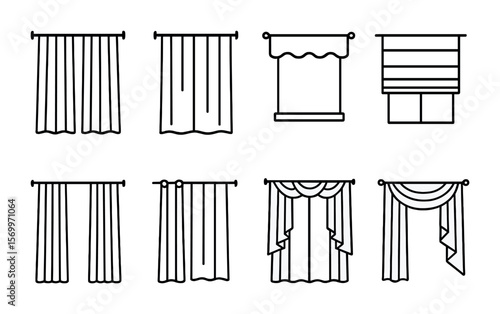Window Treatment Icons. Outline vector icons of window treatment styles: sheer curtain, blackout panel,
