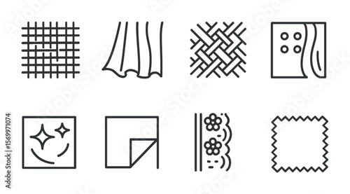 Curtain Material Icons. Outline vector icons of curtain materials: linen texture, velvet fold, cotton weave,