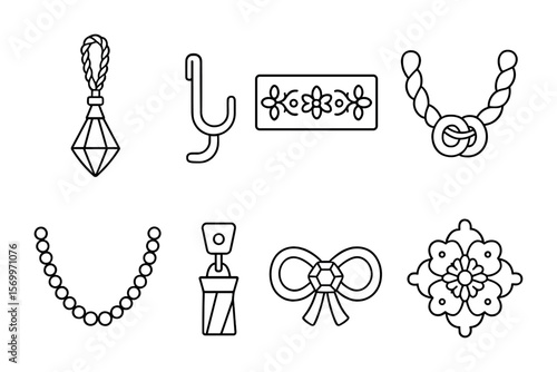 Luxury Curtain Accents. Outline vector icons of luxury curtain accents: crystal tieback, gold hook,