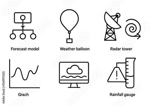 Weather Tools Icons. Outline vector icons of weather prediction tools: forecast model, weather balloon, radar