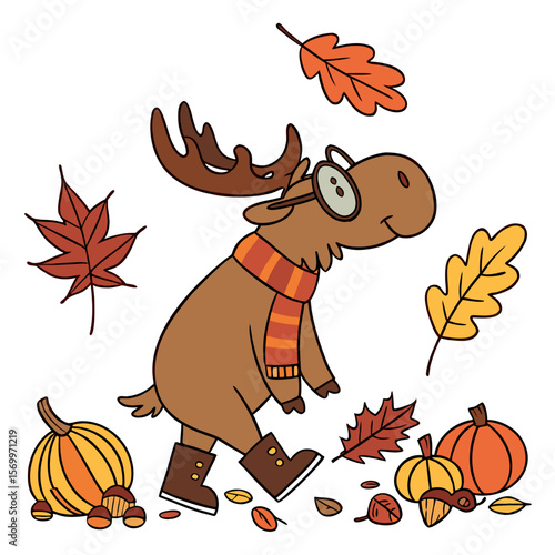 Autumn Leaves themed SVG: Content Moose with wearing glasses in a Autumn environment