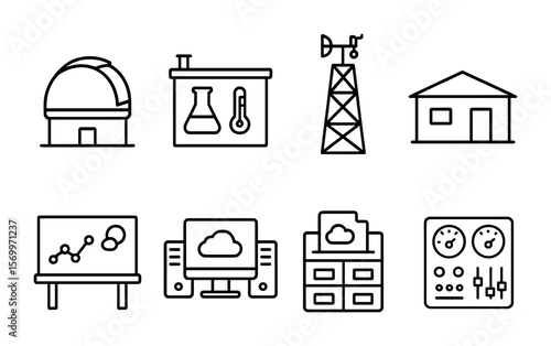 Climate Research Icons. Outline vector icons of climate research facilities: observatory dome, climate lab,