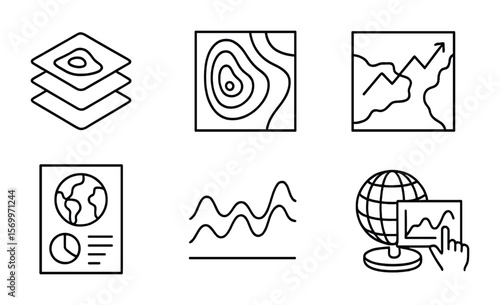 Climate Visualization Icons. Outline vector icons of climate visualization tools: data layers, heatmap icon,