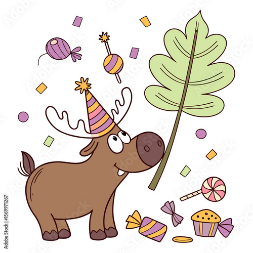 Cute Amused Moose, accessorized with with a giant leaf, in a Birthday world – Candy Shop palette vector