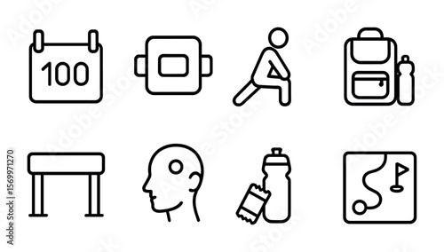 Race Day Icons. Outline vector icons of race day preparation: bib number, timing chip, warm-up stretch, gear