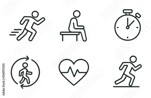 Interval Training Icons. Outline vector icons of interval training: sprint burst, rest period, lap marker,