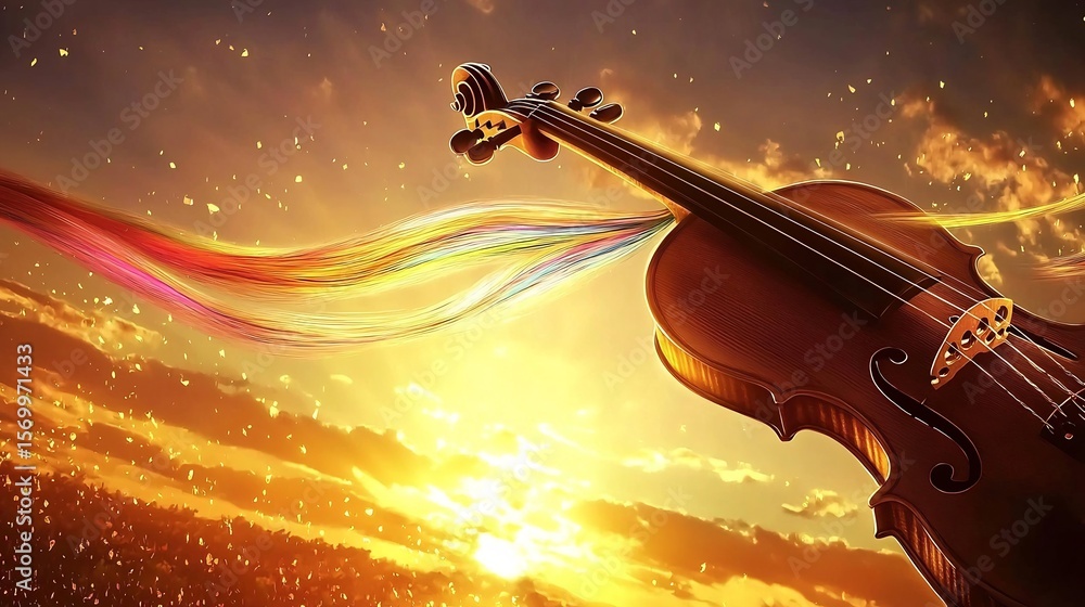 Fototapeta premium Violin bow pulling ribbons of color from the sky painting the air into a living sunset