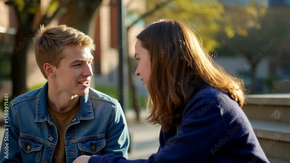 Two high school students having a serious, heartfelt conversation while sitting together on the steps of their school campus outdoors.
Two high school students having a serious, heartfelt conversation while sitting together on the steps of their school campus outdoors.