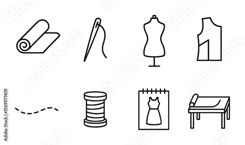 Fashion Design Icons. Outline vector icons of fashion design process: fabric roll, sewing needle, dress form,