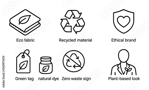 Sustainable Fashion Icons. Outline vector icons of sustainable fashion events: eco fabric, recycled material,