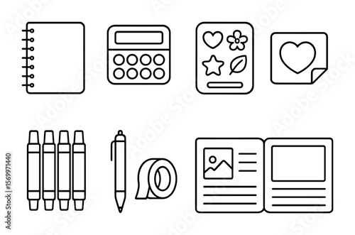 Art Journaling Icons. Outline vector icons of art journaling supplies: spiral notebook, watercolor palette,
