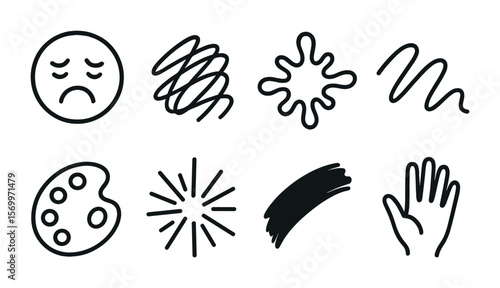 Expressive Art Icon Set. Outline vector icons of expressive art styles: emotion face, freeform mark, splatter
