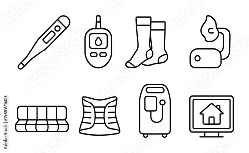 Home Healthcare Icons. Outline vector icons of home healthcare items: digital thermometer, blood glucose kit,